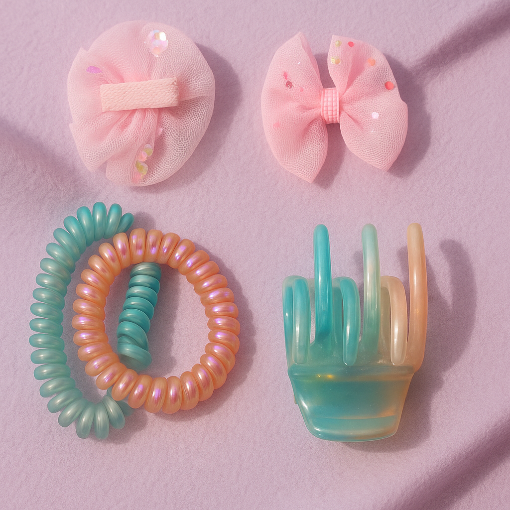 Set of colorful hair accessories including a bow, hair ties, and a hand-shaped clip on a pink background.