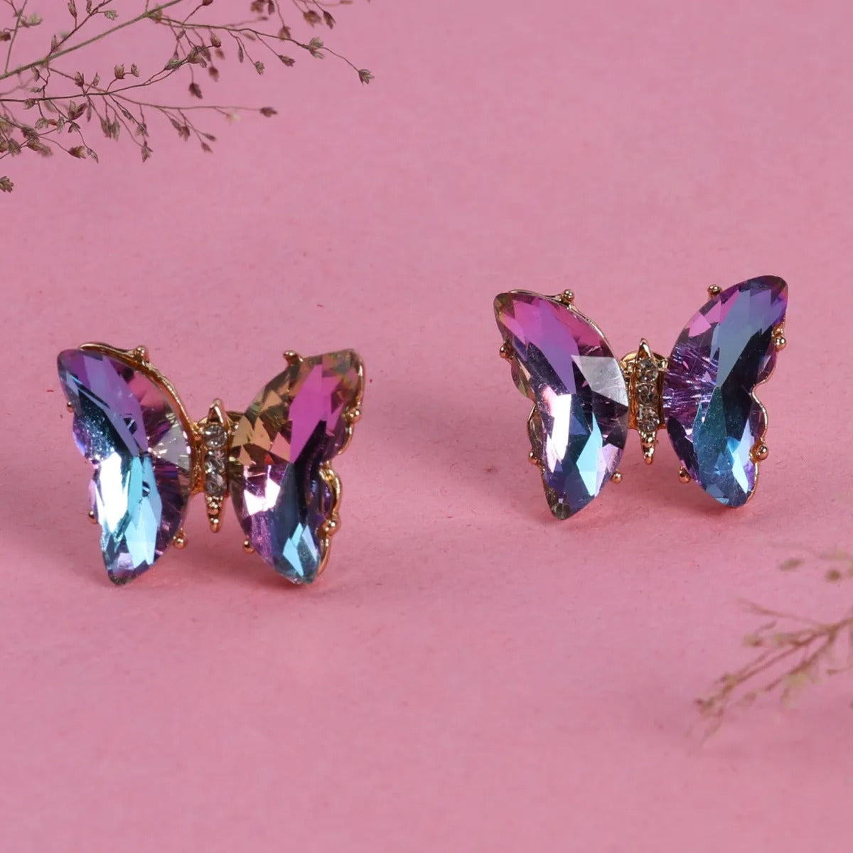 Colourful Stone Butterfly Stud Earring With Pink Bckground