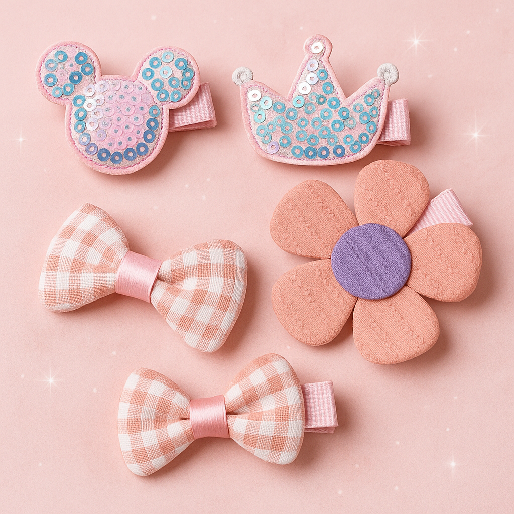 Set of decorative hair clips including a crown, bow, and flower on a pink background