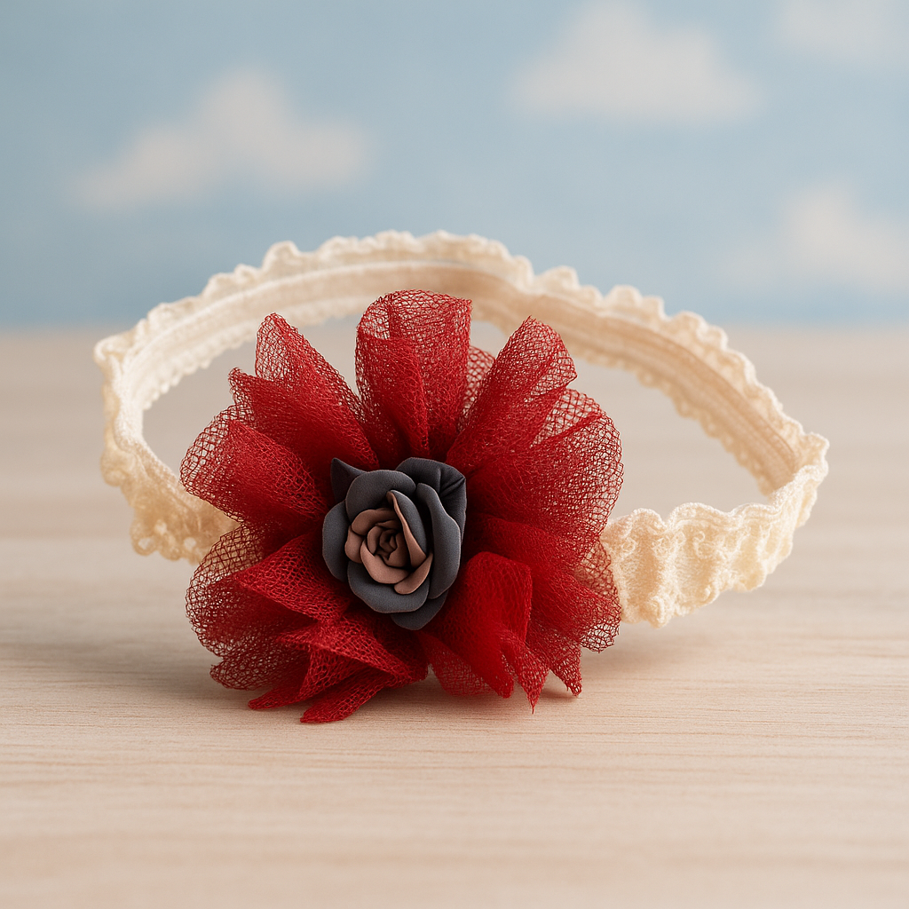 Headband with a red flower and gray center on a wooden surface with a blurred natural background