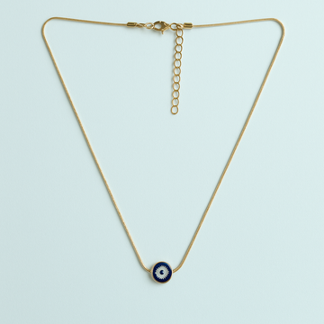 Gold necklace with a blue evil eye pendant on a light blue background