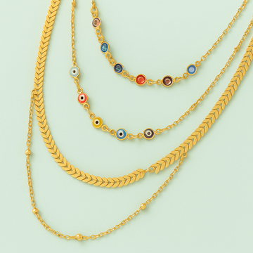 Three gold necklaces with different designs on a light green background