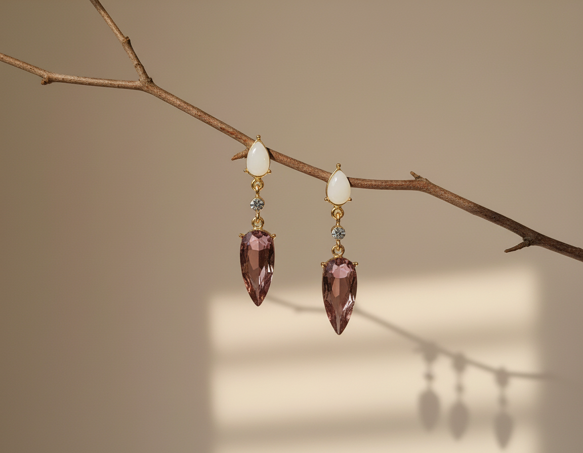 Pair of earrings with purple teardrop-shaped stones hanging from a branch against a beige background