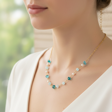 Stylish Blue Stone & Pearl Chain Necklace