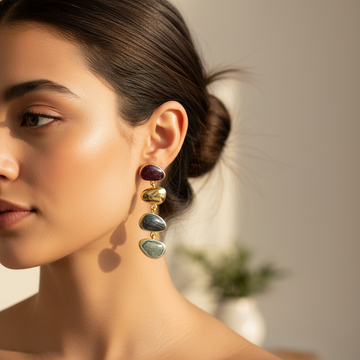 Gold Tone Multicolor Stone Drop Earrings