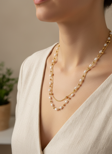 Gold Tone Layered Pearl Chain Necklace
