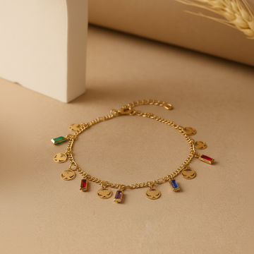 Gold Charm Bracelet with Multicolor Stone Drops & Butterfly Charms