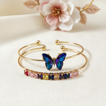 Gold Cuff Bracelet Combo Set – Multicolor Crystal Bar & Butterfly Accent Adjustable Bracelets (Set of 2)