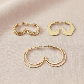 Gold Hoop Earrings Combo Set – Minimal Double Hoop, Textured Geometric & Classic Round Hoops (