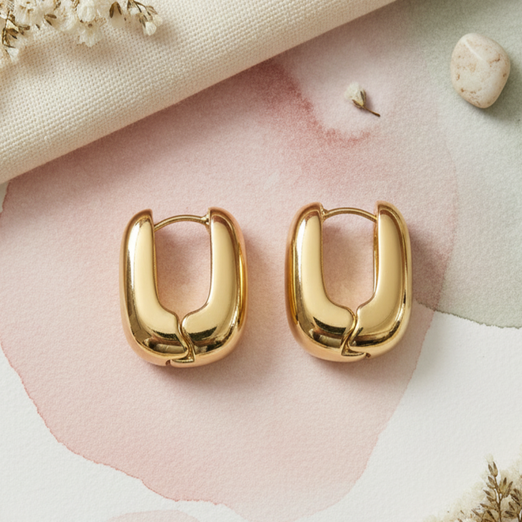 Gold hoop earrings on a soft pastel background with flowers and stones.