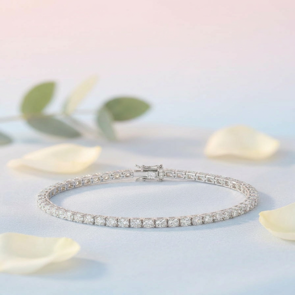 Silver bracelet with clear stones on a light blue background with white petals and green leaves.