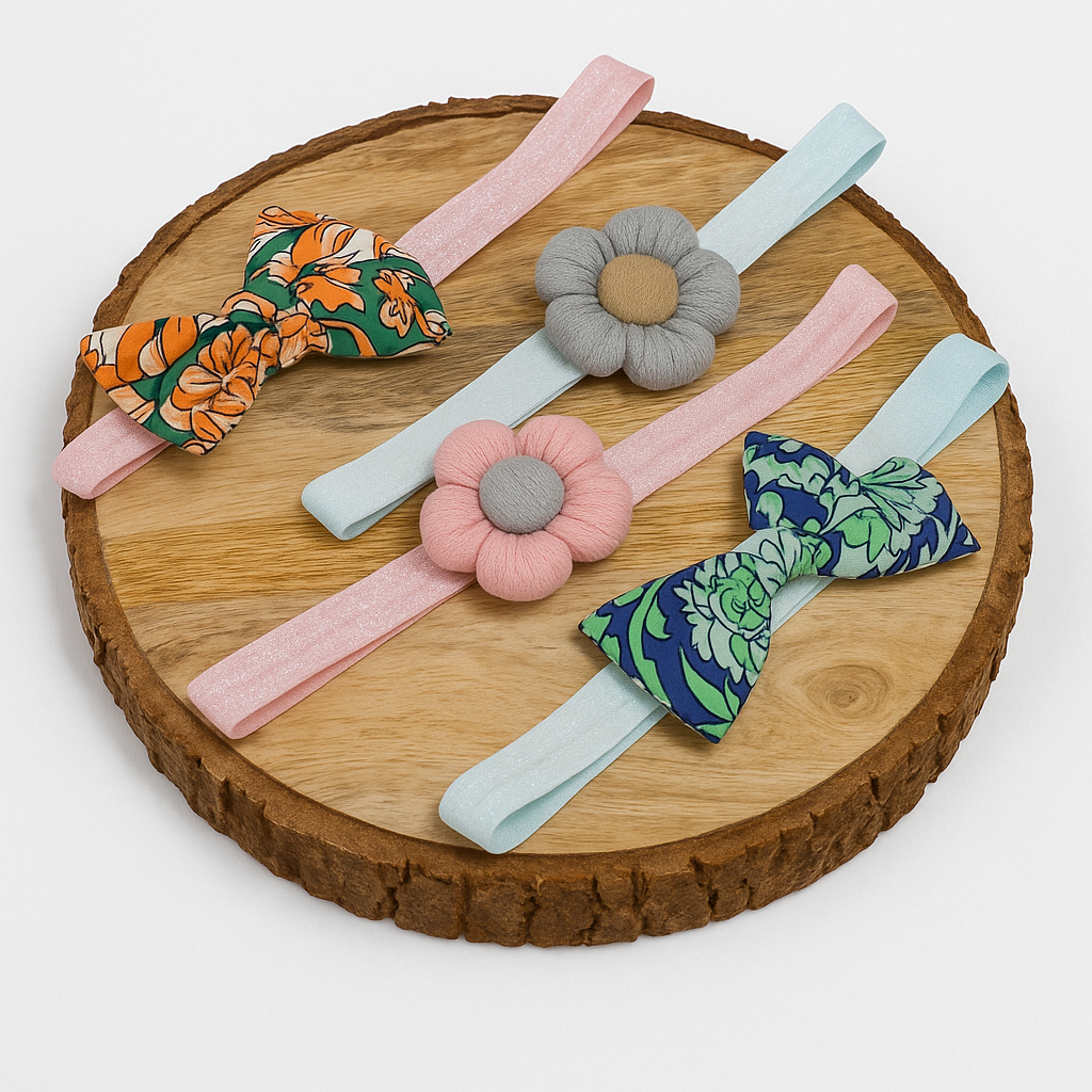 Set of colorful headbands with floral and bow designs on a wooden surface