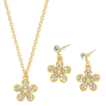 Gold flower necklace and earrings set on a white background