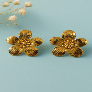 Pair of gold flower-shaped earrings on a light blue background