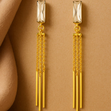Gold earrings with rectangular stones and chain drops on a beige background