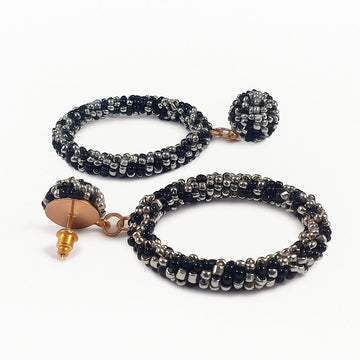 Jewelz Black & Silver Beaded Hoop Earrings