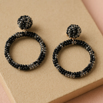 Jewelz Black & Silver Beaded Hoop Earrings