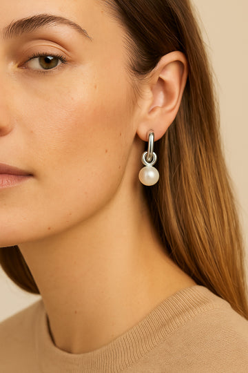 Silver Hoop Pearl Drop Earrings