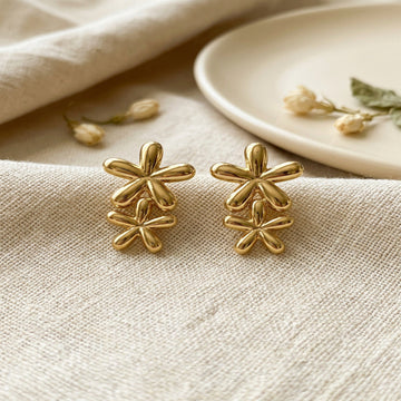 Gold Tone Triple Flower Stud Earrings for Women & Girlsv