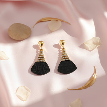 Elegant Black Fan Drop Earrings with Crystal-Studded Gold-Tone Design