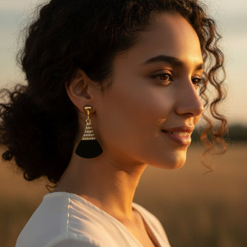 Elegant Black Fan Drop Earrings with Crystal-Studded Gold-Tone Design