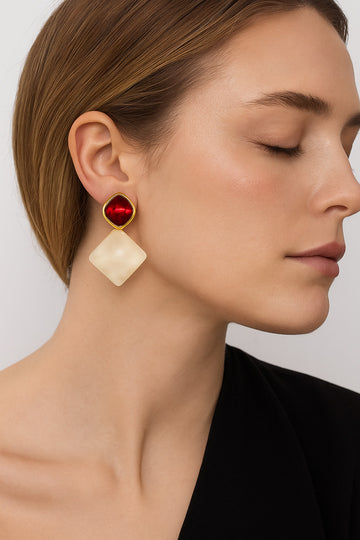 Gold-Tone Red & Pearl Geometric Drop Earrings