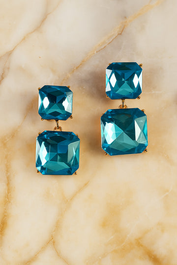 Gold-Plated Aqua Blue Oversized Crystal Dangler Earrings