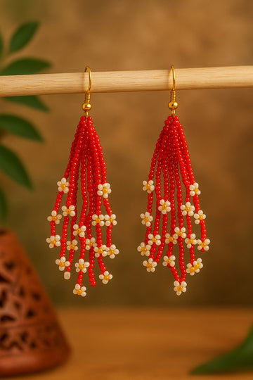 Handmade Pink Beaded Floral Tassel Earrings