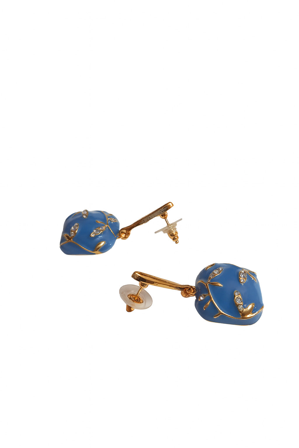 Pair of blue earrings with gold accents on a white background