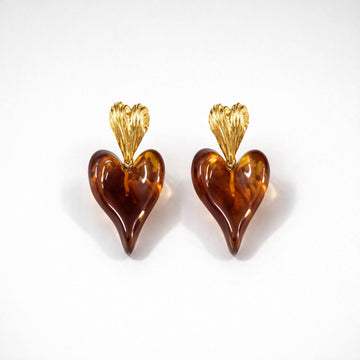 Gold-Toned Brown Heart Drop Earrings