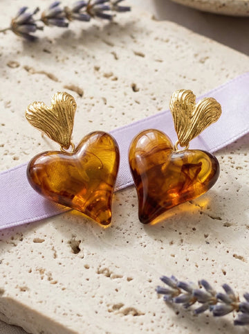 Gold-Toned Brown Heart Drop Earrings