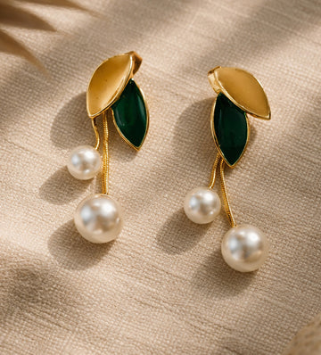 Elegant Green Leaf Pearl Drop Earrings with Gold-Tone Finish
