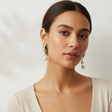 Elegant Green Leaf Pearl Drop Earrings with Gold-Tone Finish