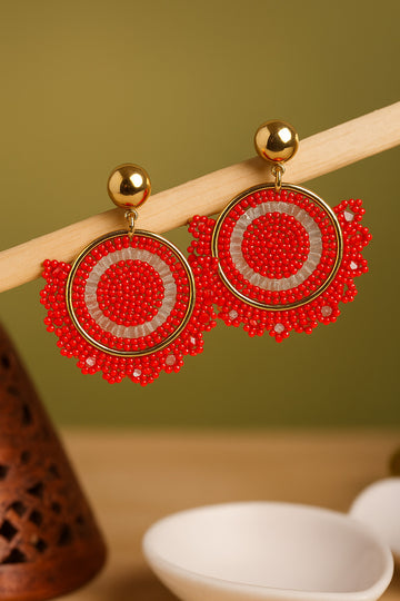 Handmade Red & White Beaded Hoop Earrings