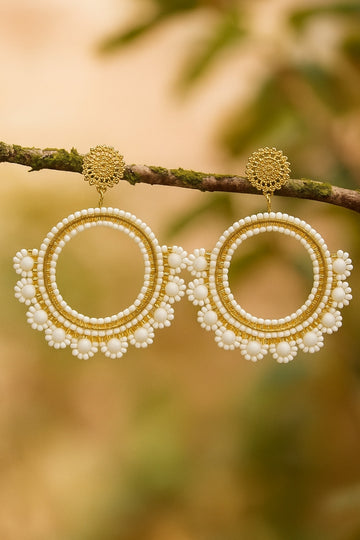 Jewelz Handmade White & Gold Beaded Hoop Earrings