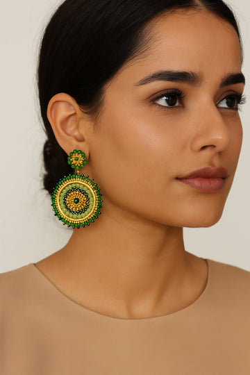 Handmade Green & Gold Beaded Round Earrings
