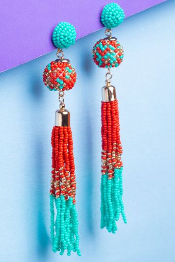 Red & Green Beaded Tassel Earrings