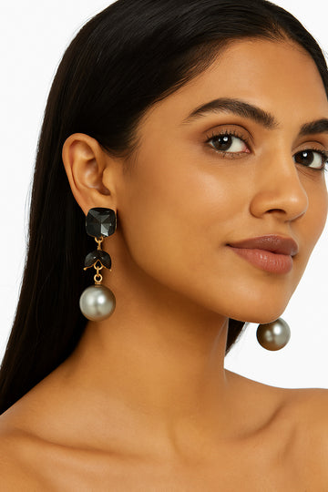 Black Crystal and Grey Pearl Drop Earrings
