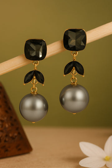 Black Crystal and Grey Pearl Drop Earrings