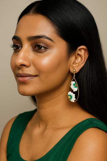 Jewelz Gold-Plated Green & White Floral Earrings