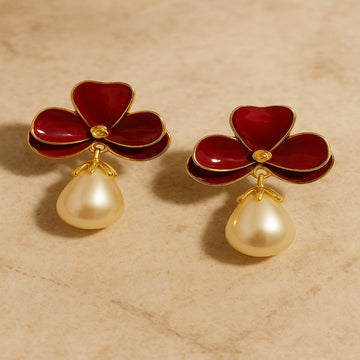 Jewelz Gold-Plated Red Flower Pearl Earrings