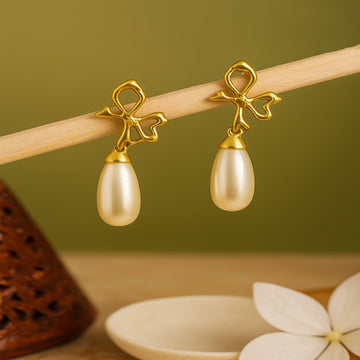Jewelz Designer Gold-Plated Bow Pearl Earrings