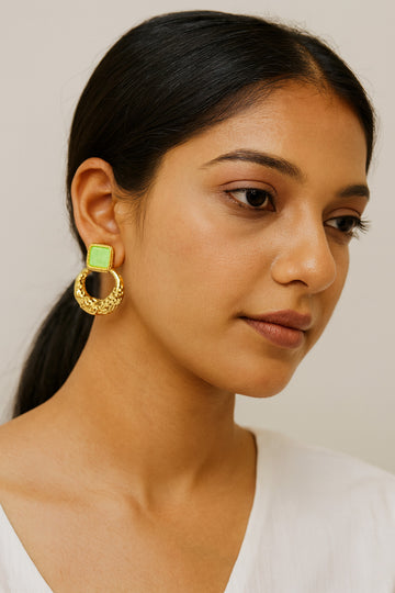 Jewelz Gold-Tone Green Stone Textured Drop Earrings