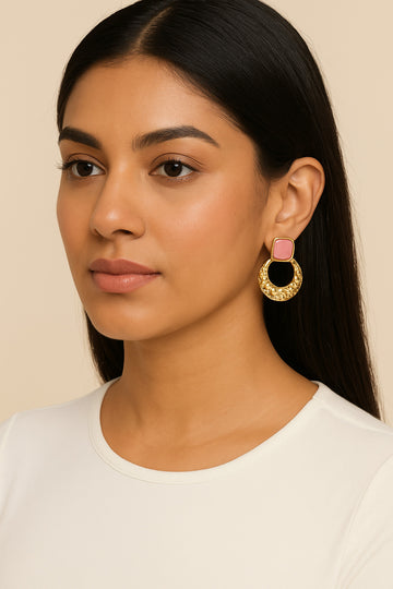 Jewelz Gold-Tone Pink Stone Textured Drop Earrings