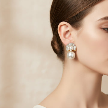 Elegant Pearl Drop Stud Earrings with Crystal Studded Gold Finish