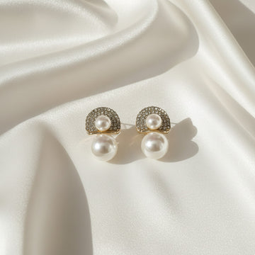 Elegant Pearl Drop Stud Earrings with Crystal Studded Gold Finish