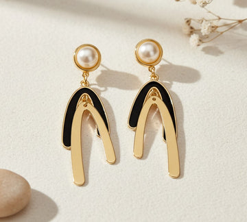 Modern Pearl & Black Enamel Drop Earrings with Gold-Tone Finish