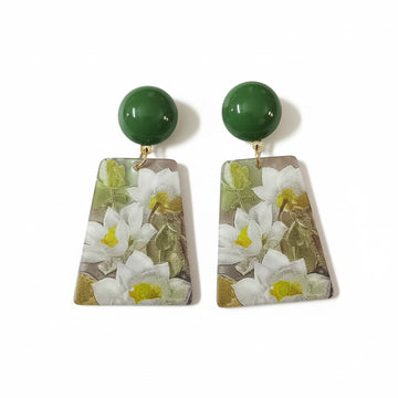 Floral Print Drop Earrings with Green Stud