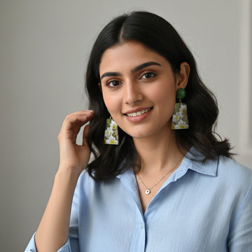 Floral Print Drop Earrings with Green Stud