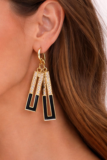 Geometric Black & Crystal Drop Earrings with Gold-Tone Finish